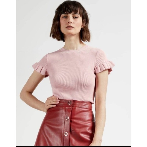 Ted Baker Pink Frill Rib‎ Knit Crew Top Ruffle Sleeve Womens Small - Picture 1 of 13